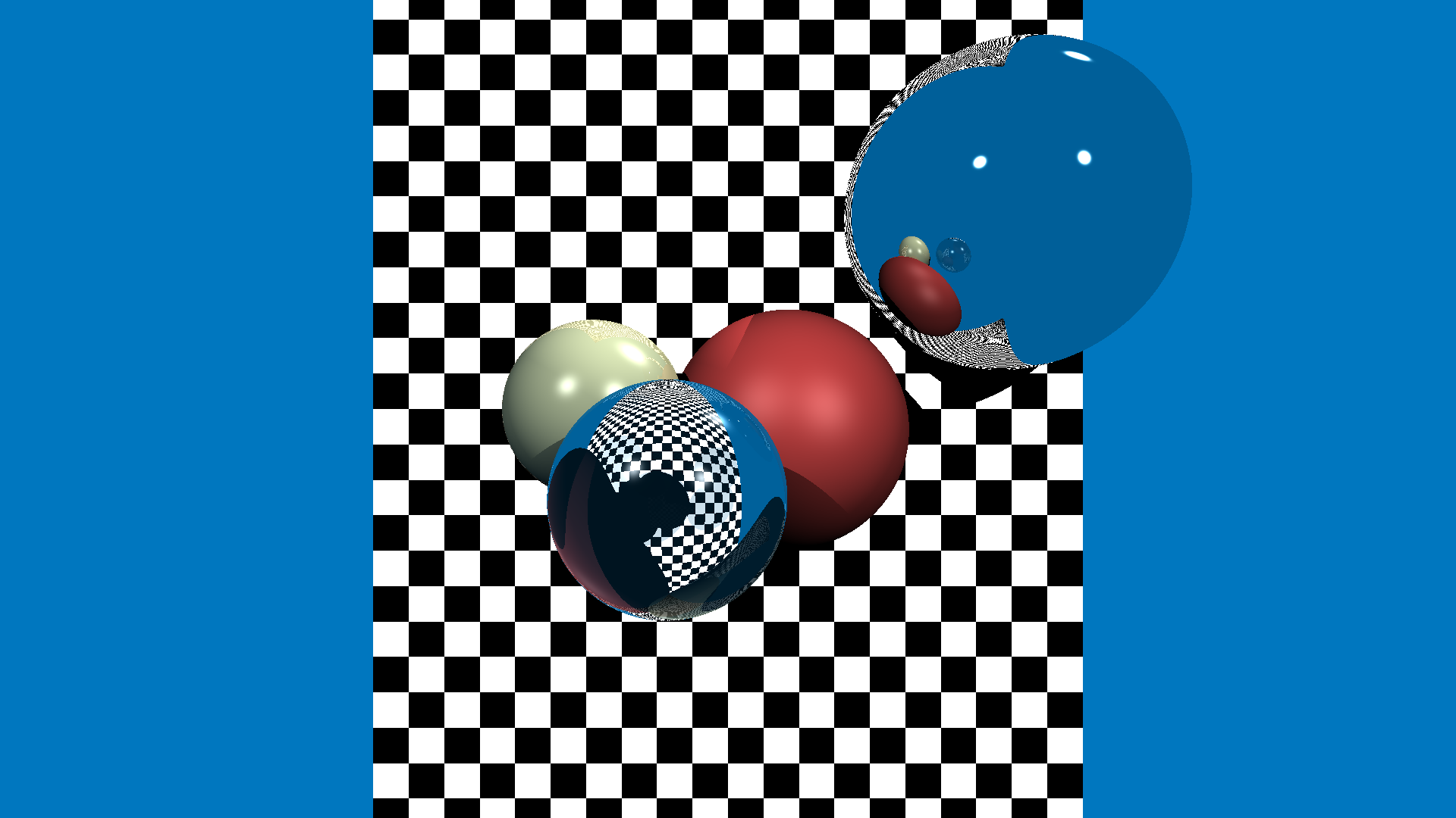 Gerendertes Bild mit Schachbrett-Hintergrund und mehreren Glaskugeln